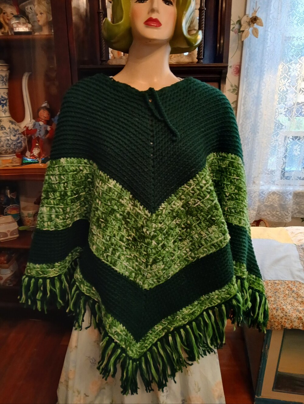 Beautiful Ladies  Hand Crochet Green Striped Knit Poncho Boho Vintage